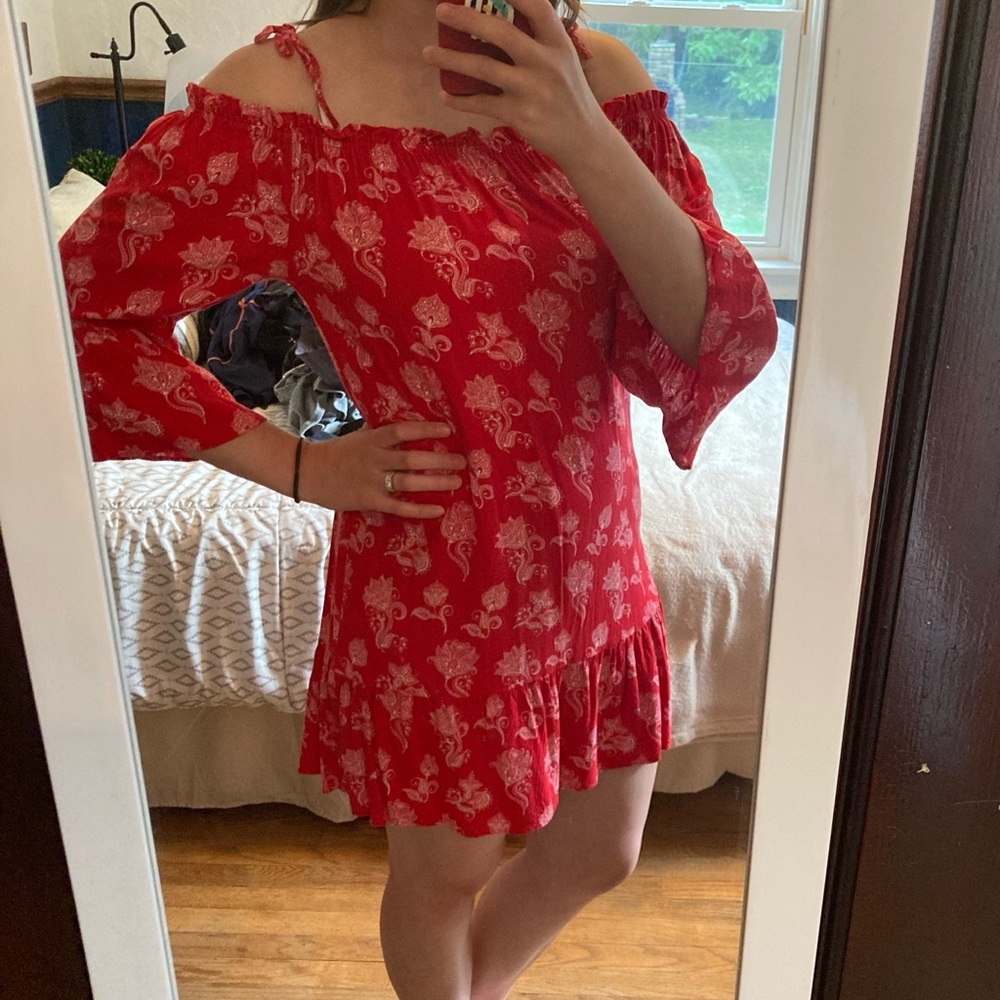 Red and White Patterned Flower Off the Shoulder Dress with Tie Straps